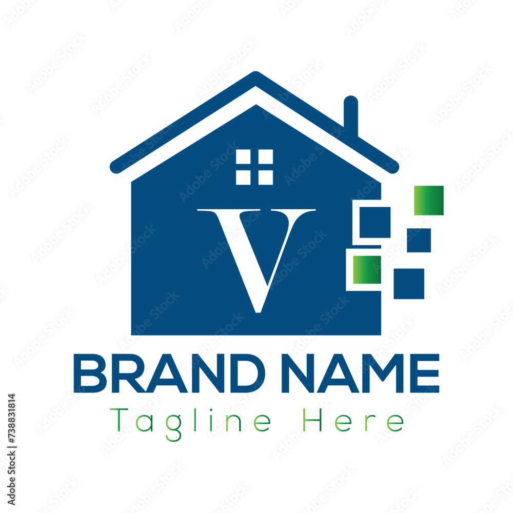 Home Logo On Letter V Template. Initial Home Sign Concept Template	