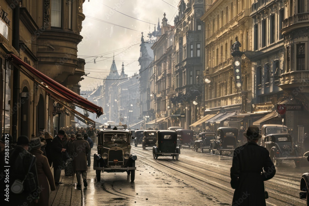 Historical street view of Prague City in 1930's. Czech Republic in Europe.