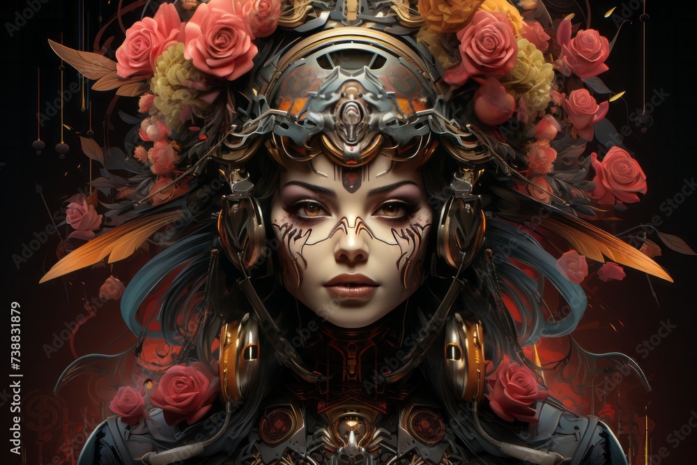 A CG artwork of a woman with a flower crown, inspired by mythology
