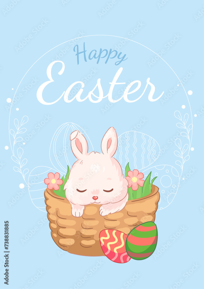 Flat illustration of a cute Easter bunny with Easter eggs.A4 Easter congratulations cards. Flat illustration of a cute Easter bunny with Easter eggs.A4 Easter congratulations cards.
