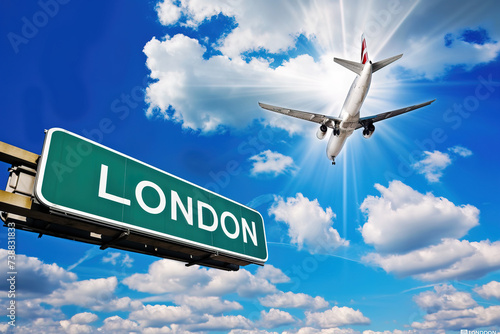 Airplane landing with LONDON sign, arriving to UK, England, United Kingdom