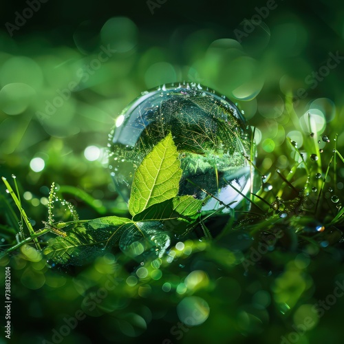 ball of water with the leaf on the grass, in the style of futuristic optics