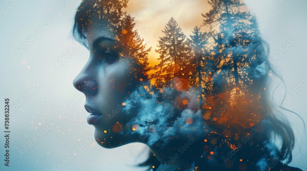 a woman's profile with trees and smoke