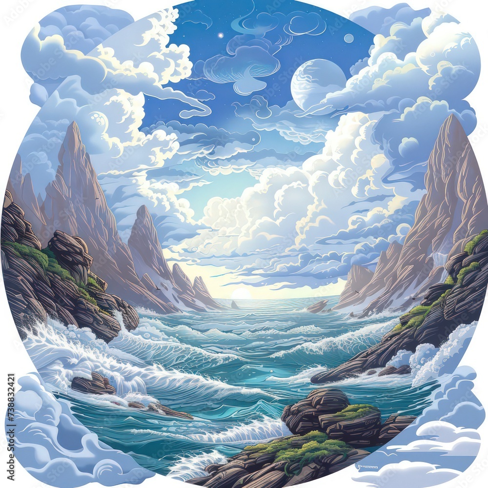 illustration featuring an ocean with clouds and clouds near it, in the style of spherical sculptures, colored cartoon