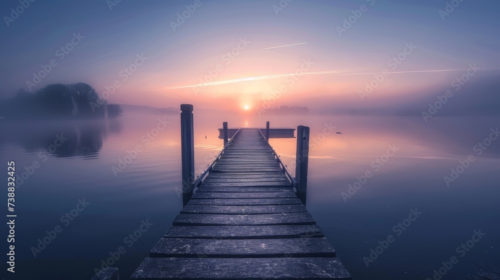 The calmness of a misty lake at sunrise - obrazy, fototapety, plakaty 