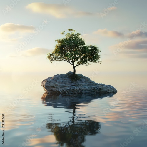 small island with tree on it  in the style of calming effect  multidimensional