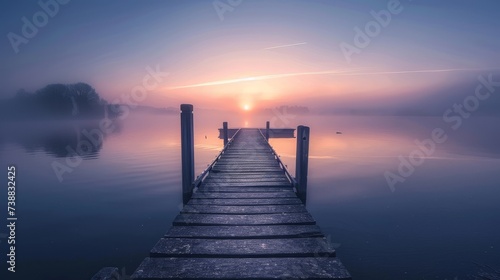 The calmness of a misty lake at sunrise
