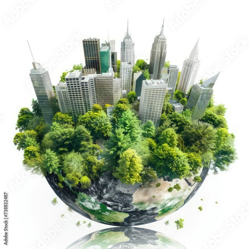  earth globe with trees and city on it, white background