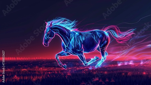Luminescent neon horse galloping across a neon lit meadow photo