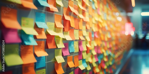 AI and human collaboration colorful sticky notes decorate a wall together. Concept Creative Collaboration, AI Technology, Human Interaction, Sticky Notes Decor, Collaboration Process