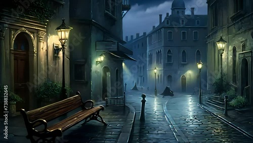 dark street at night Venice lamps. Generative AI photo