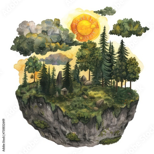 illustration of a forest island with trees, sun and clouds, in the style of emotive watercolors, spherical sculptures photo