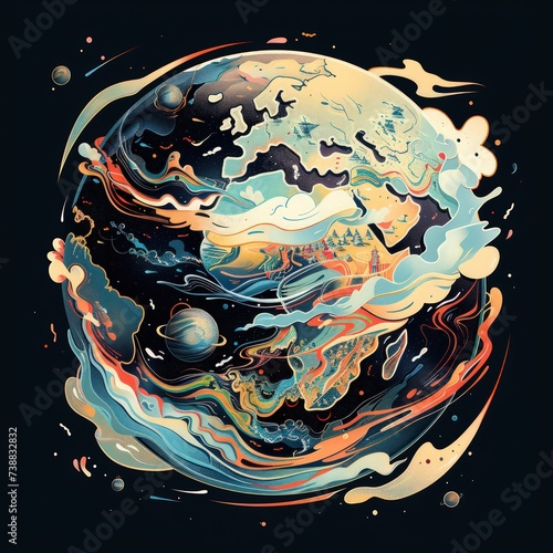 earth abstract painting on black background, in the style of colored cartoon