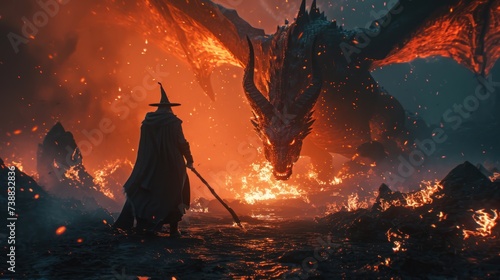Angry evil dragon with red eyes and fire flames confronted by a wizard.
