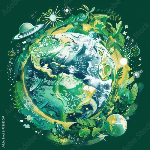 Earths atmosphere earth around the green clip art, in the style of abstracted botanical illustration