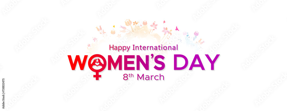 Womens day banner or celebration background with text Happy International women's day 8th March.