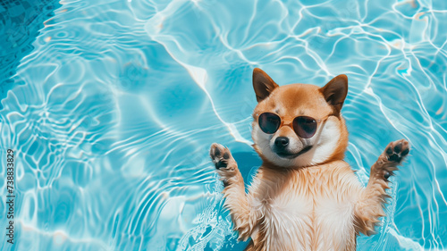 Shiba Inu dog with sunglasses on swimming pool. Pet in summer vacation concept