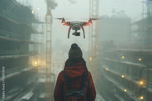 Drone remote controlled by operated scans or sends virtual projection, digital 3d scheme at a construction site, technology UAV