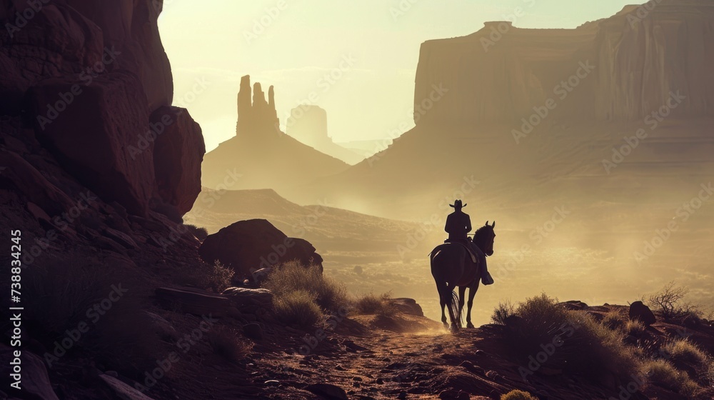 Cowboy on horseback with landscape of American’s Wild West with desert sandstones. - obrazy, fototapety, plakaty 