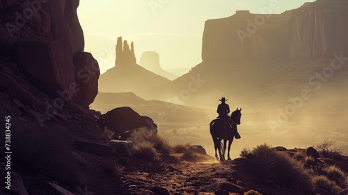 Cowboy on horseback with landscape of American’s Wild West with desert sandstones. photo