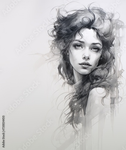 drawn girl with long hair in black and white. place for text.