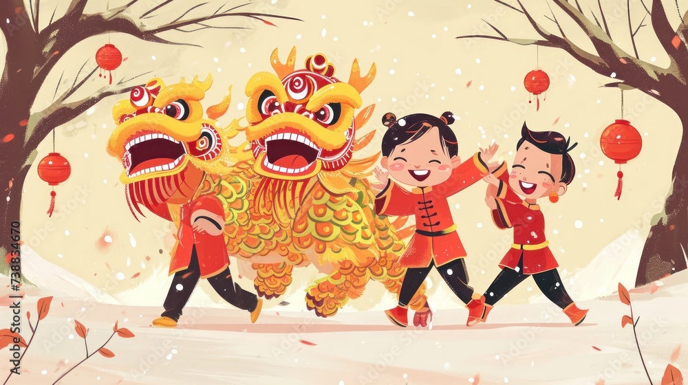 Cartoon of lion dance as the traditional Chinese folk event activities ...