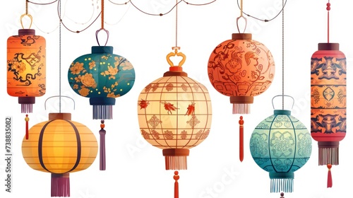 Vector illustration of a collection of different type of holiday lanterns to celebrate Chinese lunar new year over white background.