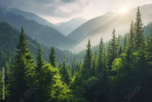 Mountain landscape. Amazing wild nature view of deep evergreen forest landscape on sunlight at middle of summer © ebhanu