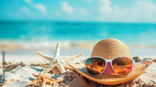 A summer hat with sunglasses on a sandy sea beach is a concept of hot summer and relaxation photo
