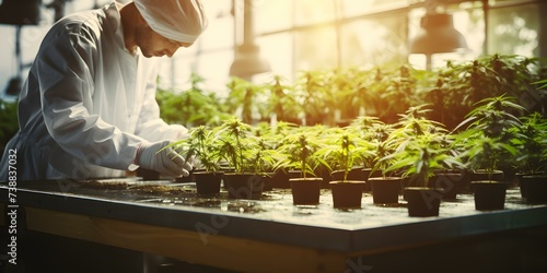 Researcher studies cannabis in a farm represents cannabis business and alternative medicine. Concept Cannabis Research, Farming Practices, Business Strategies, Alternative Medicine, Sustainability photo