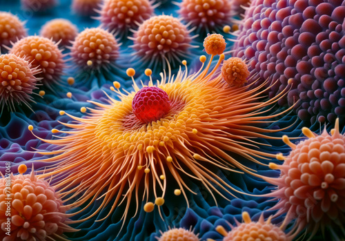 colorful scene of a variety of cells. There are many orange and yellow cells with long  thin stems and a red cell in the center