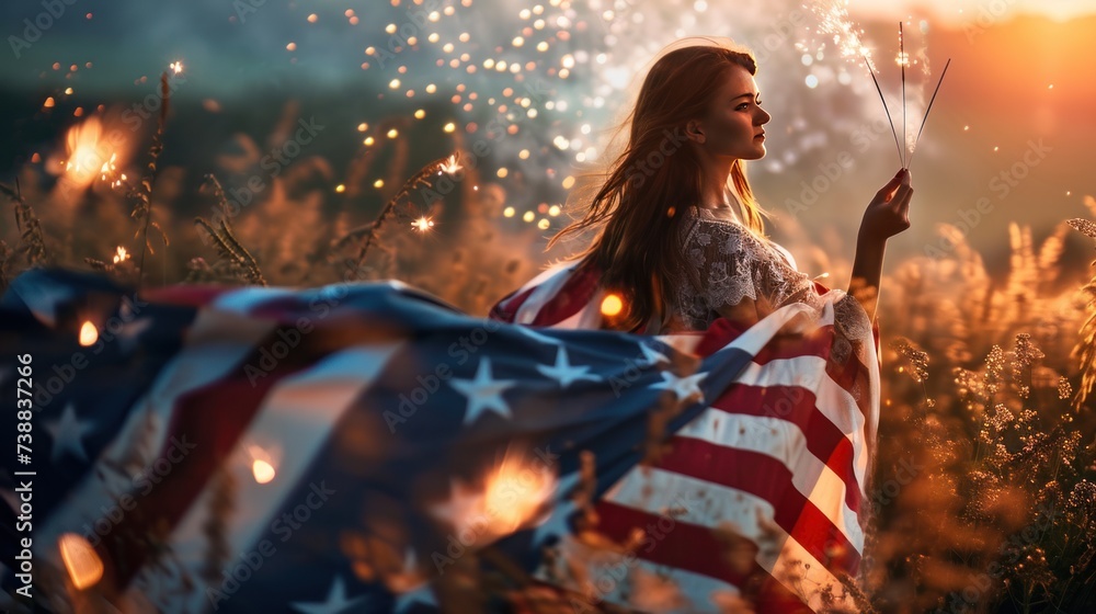 A lady playing with sparkler fireworks with US national flag to celebrate Independence Day. A lady playing with sparkler fireworks with US national flag to celebrate Independence Day.