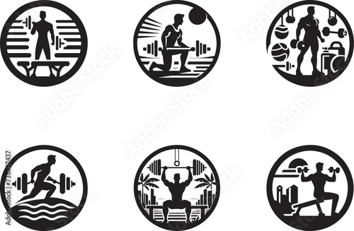 Fitness GYM Icon with strong athlete and barbell vector Illustration 