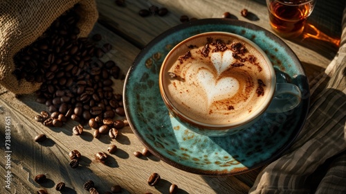 Coffee with heart shape latte art coffee beans on table. © Joyce
