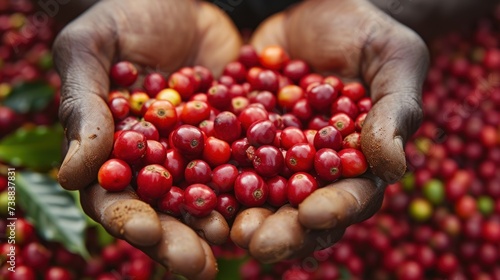 Fresh coffee berries are harvested from plantation farm.