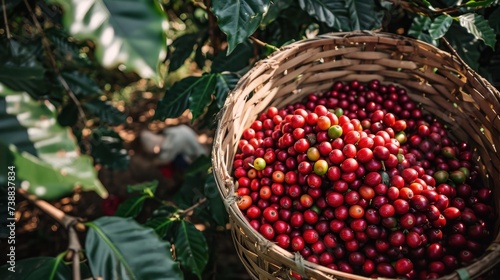 Fresh coffee berries are harvested from plantation farm.