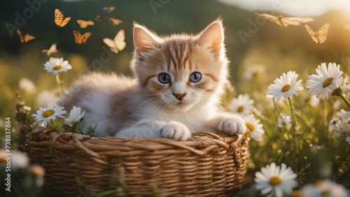 cat in the basket A precious kitten with a delicate chaplet of daisies, nestled in a handwoven basket,  
