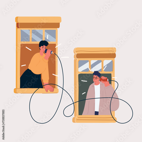 Vector illustration of woman and man chatting out of windows