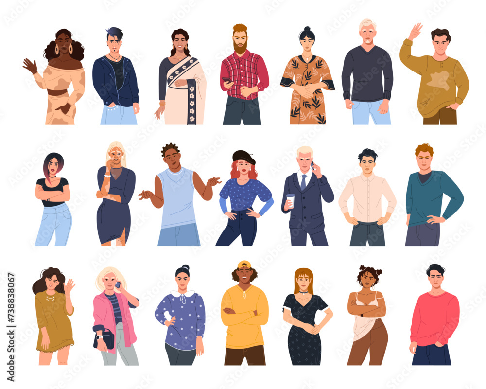 A large vector collection of diverse multiracial male and female characters in different poses. Modern young people (men and women) in a flat style on a white background A large vector collection of diverse multiracial male and female characters in different poses. Modern young people (men and women) in a flat style on a white background