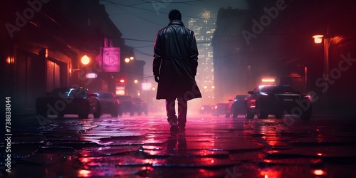 Rainy cyberpunk detective in neonlit alley unravels a futuristic crime scene. Concept Cyberpunk, Rainy Setting, Neon Lighting, Detective Work, Futuristic Crime Scene photo
