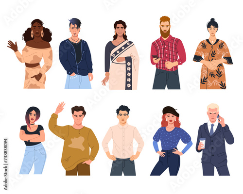 A collection of diverse multicultural multinational people in different poses. Modern young female and male characters in a flat style. Vector cartoon illustration