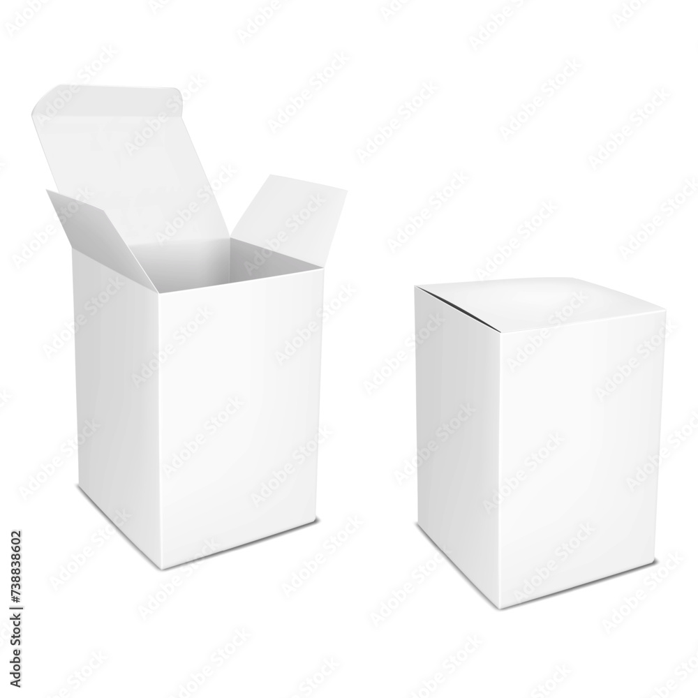 Blank white open and closed paperboard box with hinged lid. Realistic vector mockup. Cardboard box, paper container packaging. Mock-up for design Blank white open and closed paperboard box with hinged lid. Realistic vector mockup. Cardboard box, paper container packaging. Mock-up for design