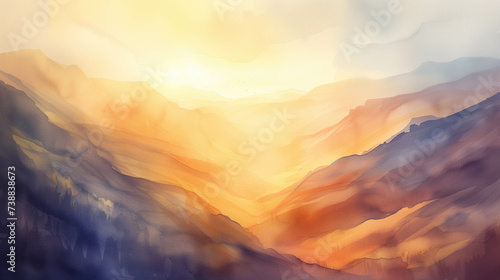 Watercolor painting of mountain scenery and sun.