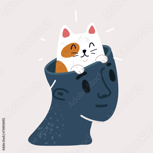 Vector illustration of cat in head. Mind of cat