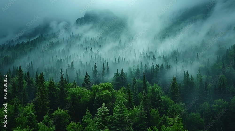 Misty landscape of fir forest in Canada - obrazy, fototapety, plakaty 