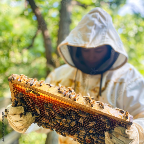 The beekeeper will check the honey on the combs.
