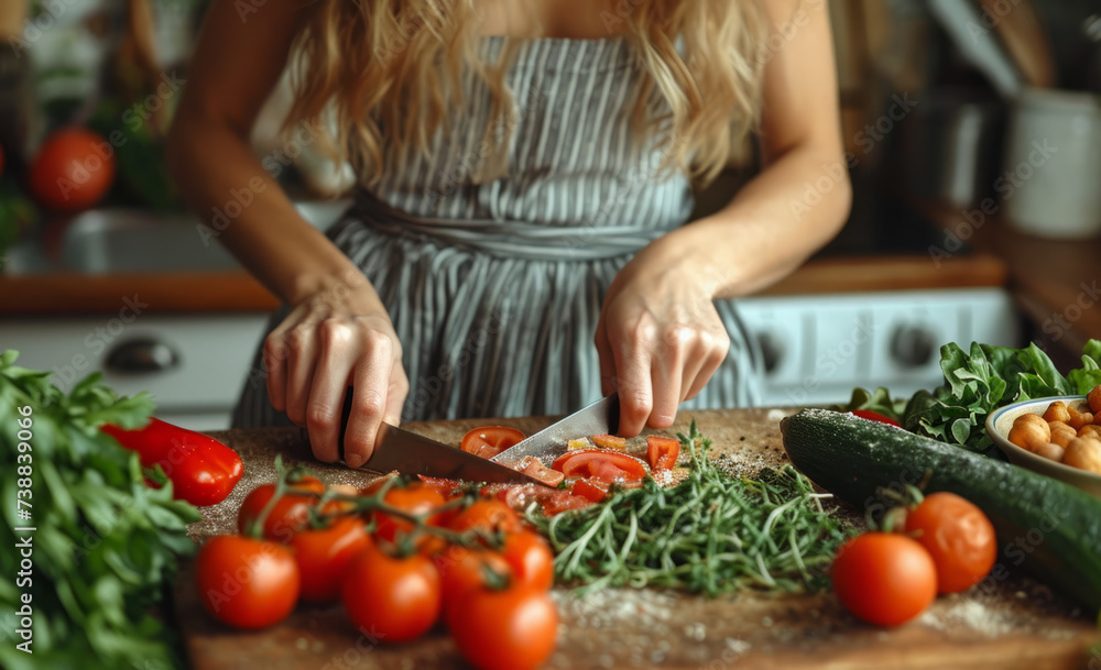 Woman cutting fresh vegetables on wooden board
