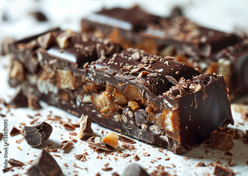 Chocolate bar with nuts and caramel on white background