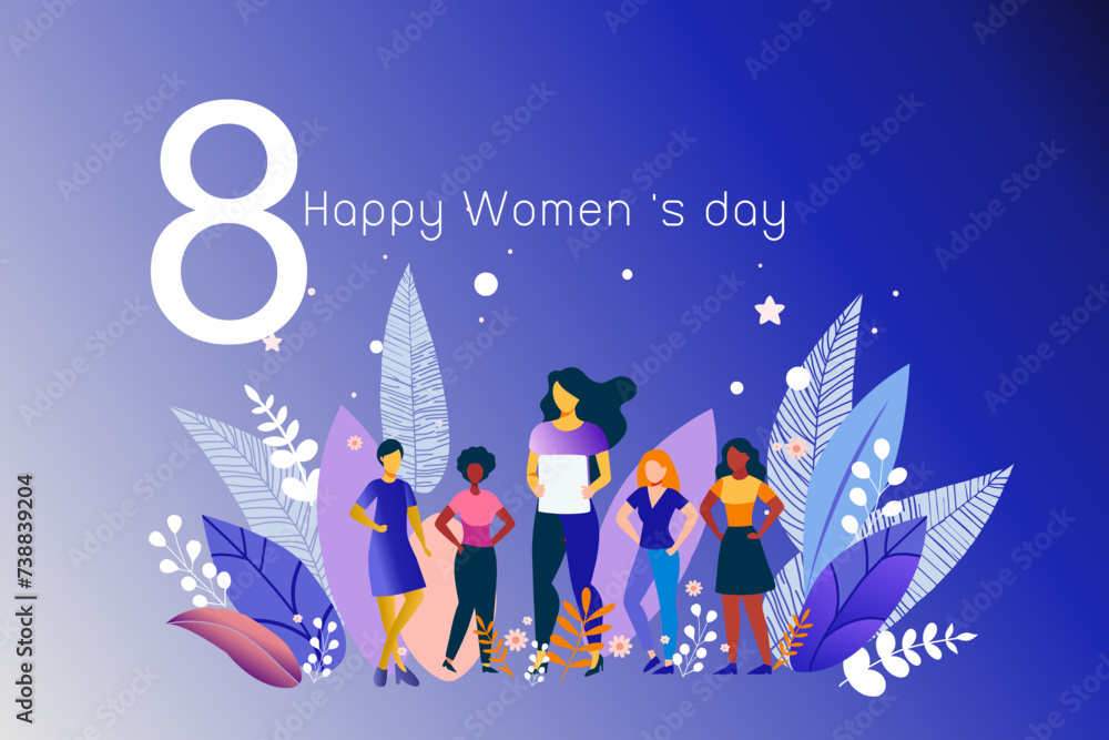  International Women's Day concept with happy multinational diverse women celebrate womens day. Struggling for freedom, independence, equality. Flat style vector illustration