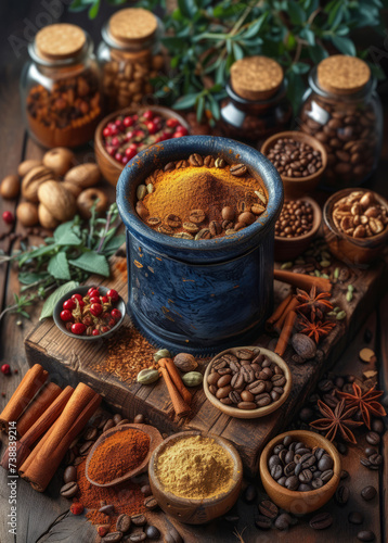 Spices and herbs on wooden table and in blue ceramic bowl